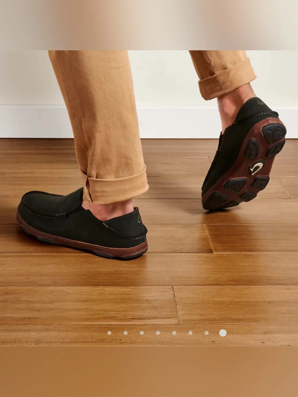 OluKai Men's Black Slip-On Loafers with Brown Trim